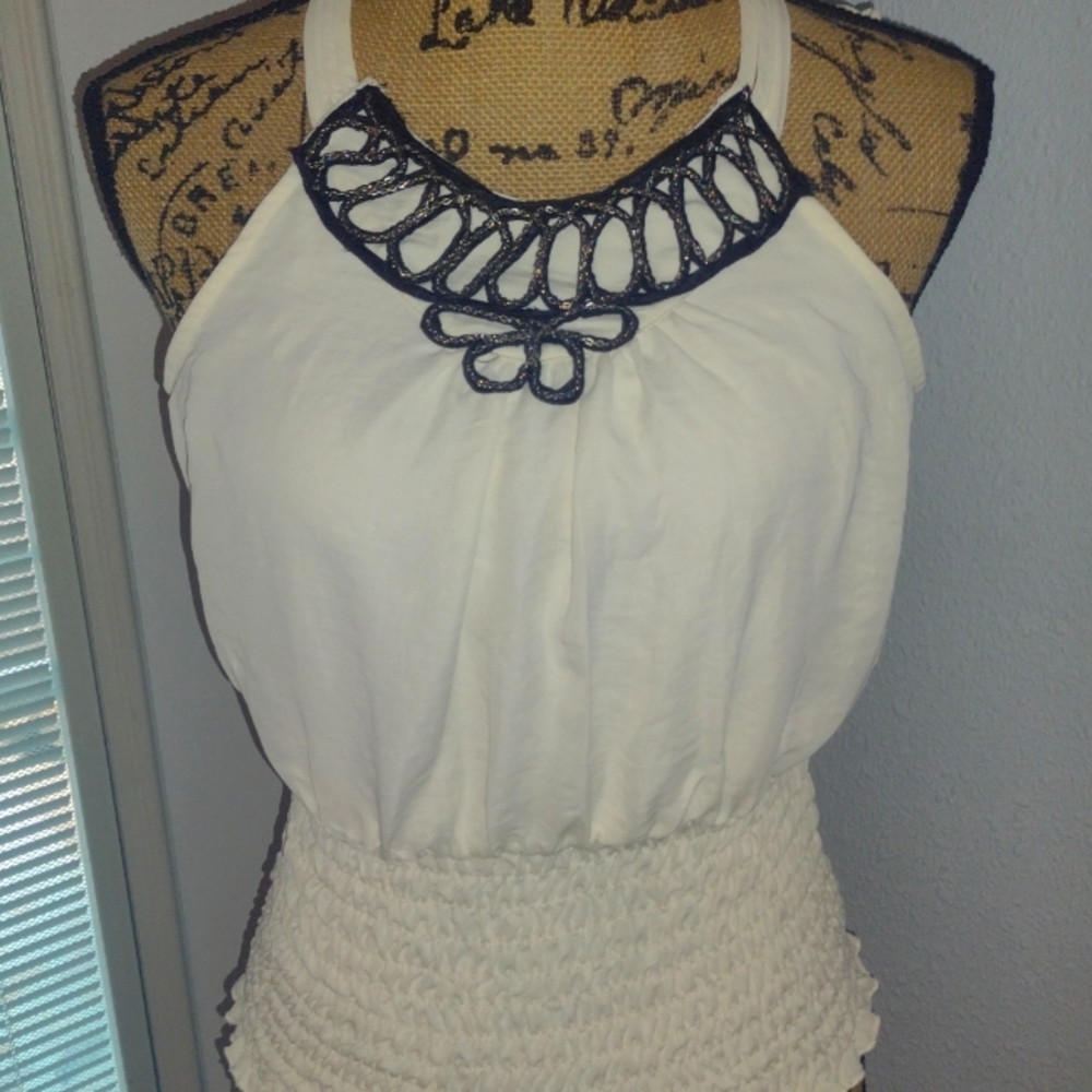 XOXO halter style tie with embellished detail at neckline stretch shirred bottom